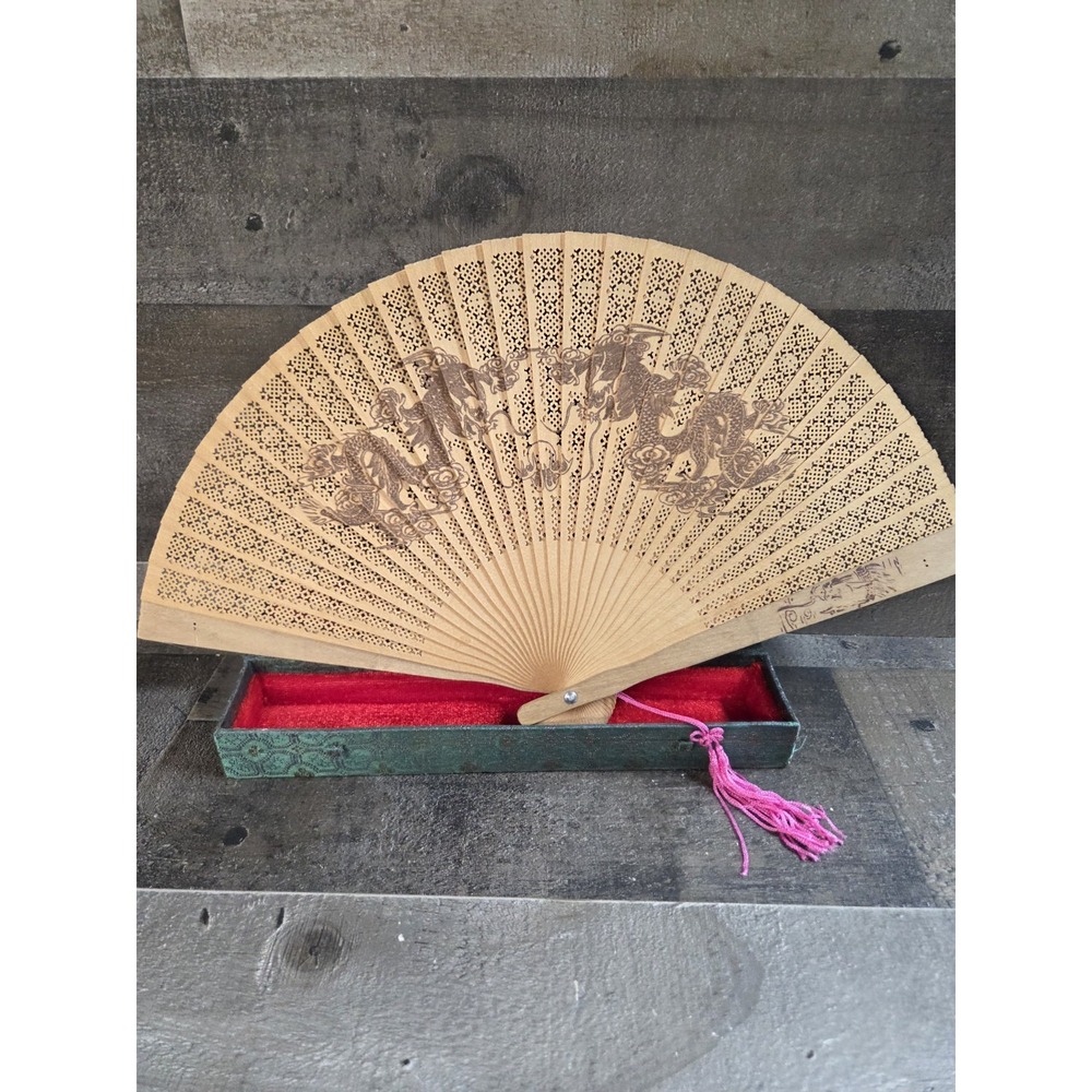 Vintage‎ Sandlewood Ladies Hand Fan with Dragon Design in Original Box